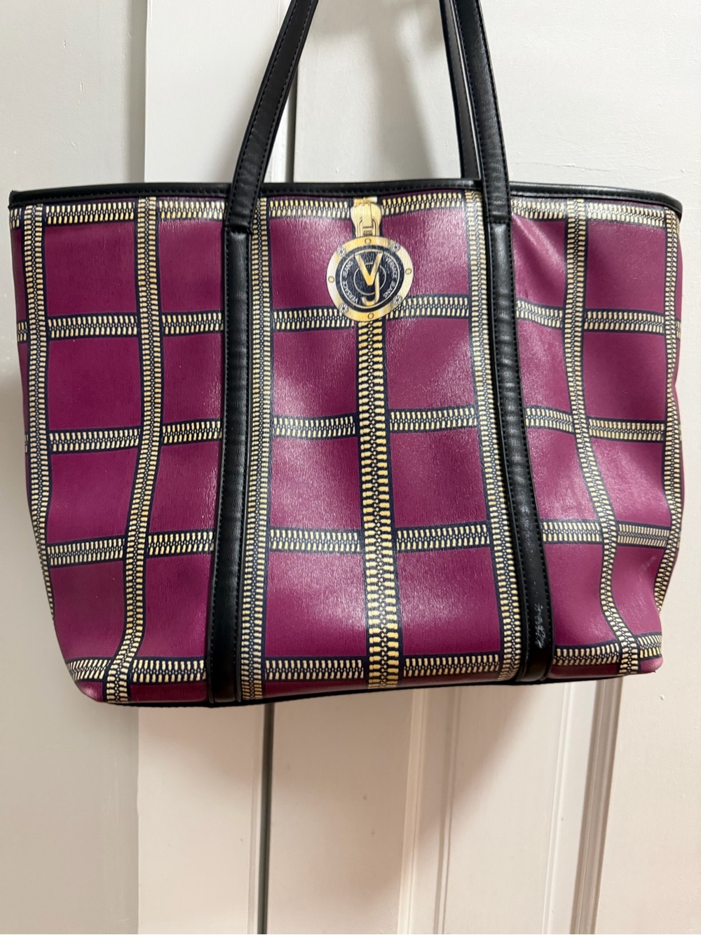 Versace bag Purple Plaid Tote with Black Trim by